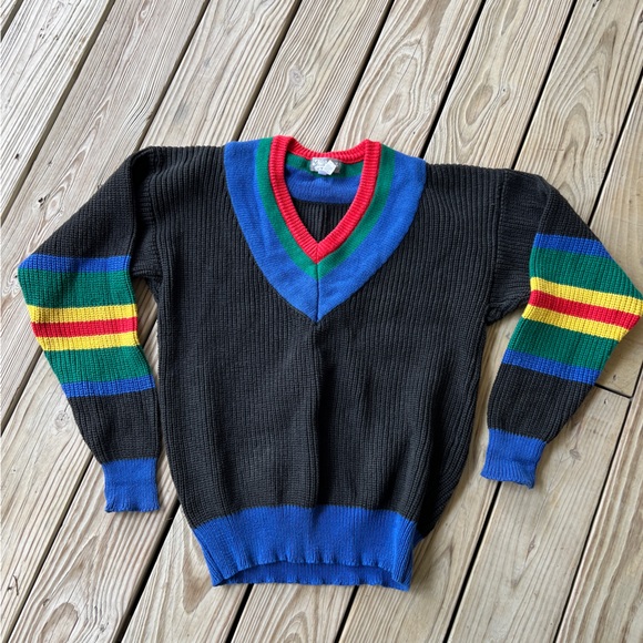 Vintage Other - Vintage 80s shaker knit sweater merona preppy black blue red yellow green M